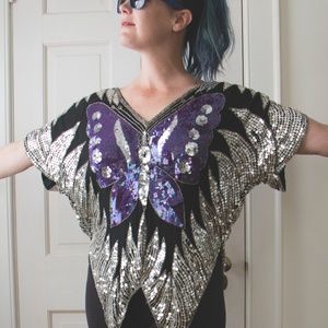 Vintage Sequin Butterfly Top 100% Silk